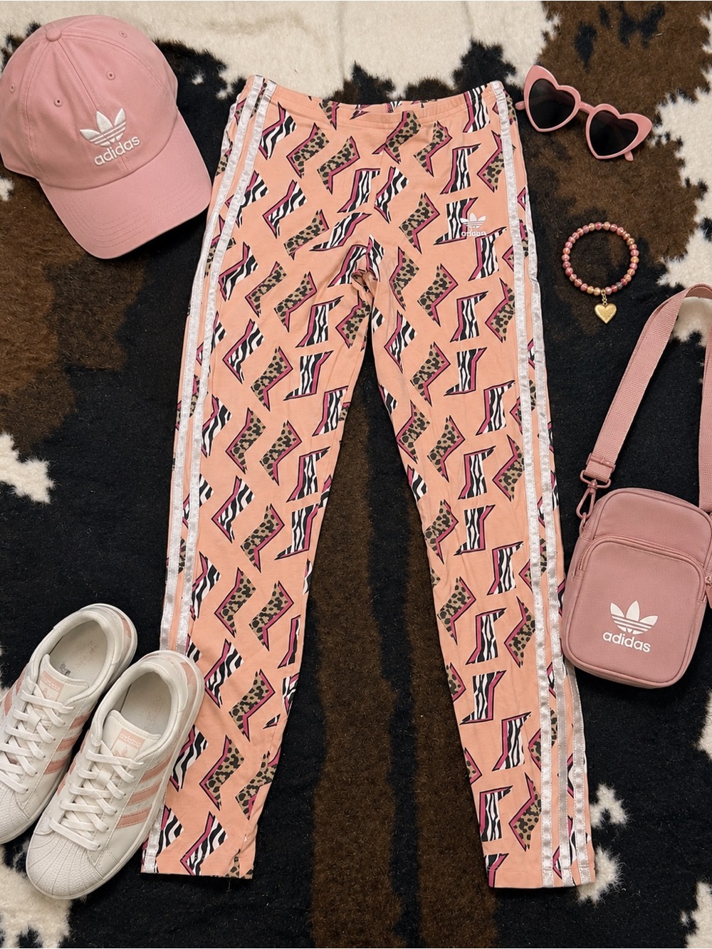 Adidas Girls 13-14Y Pink Animal Print Logo Leggings Stretch Activewear